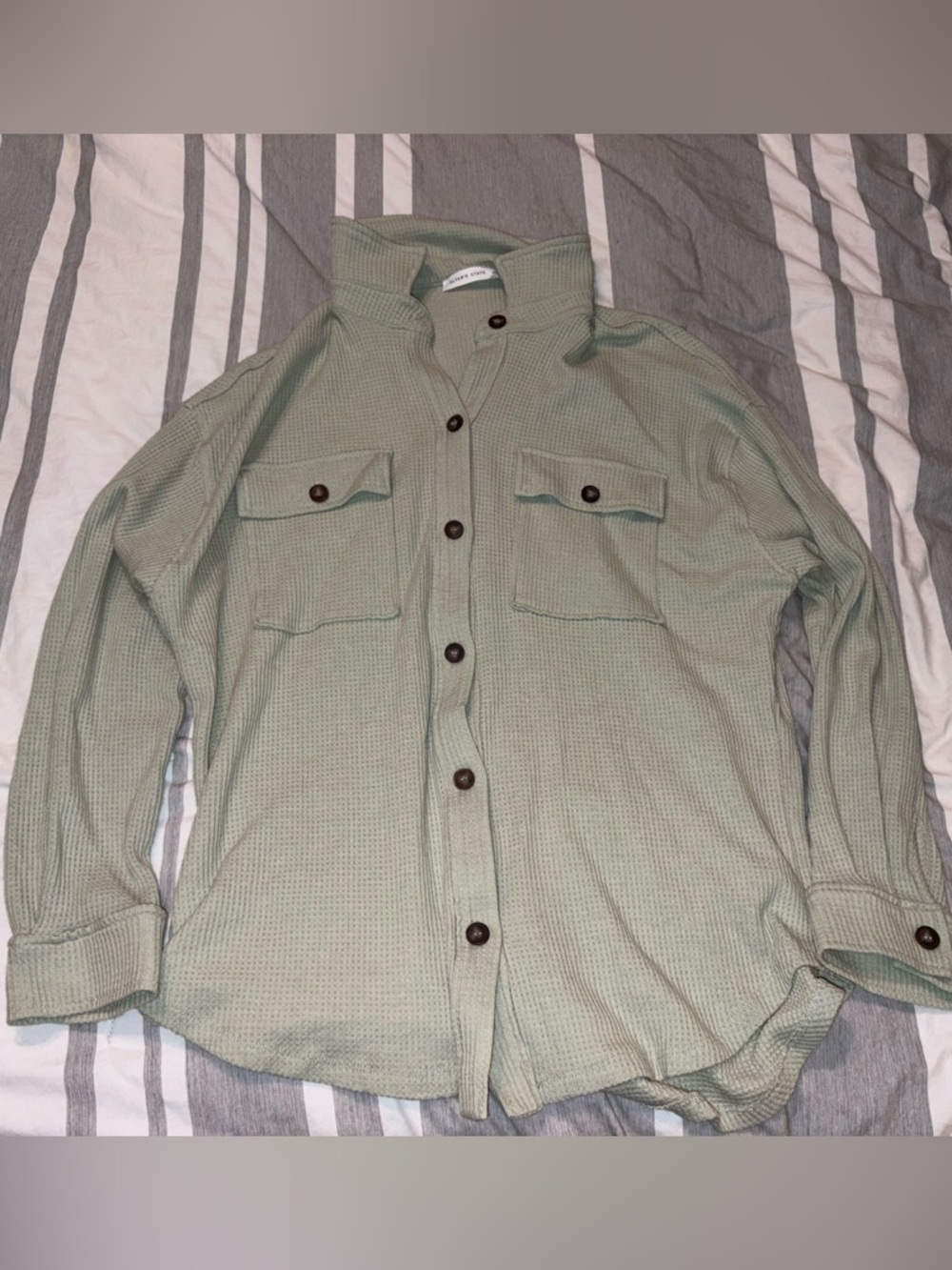 Altar'd State Light Sage Waffle Button-Up Shirt